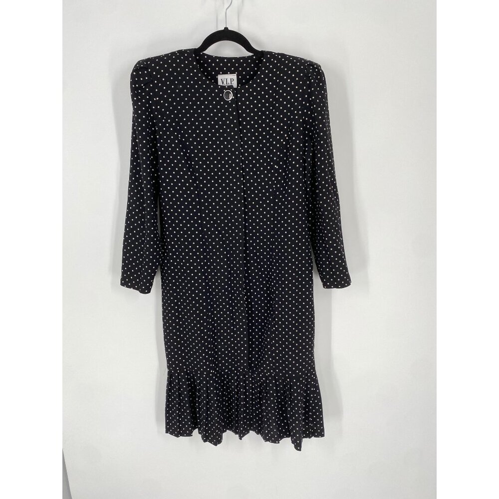 VINTAGE V.L.P. PETITES DROP WAIST POLKA DOT MIDI BLACK LONG SLEEVE DRESS SIZE 12